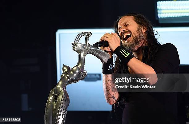 Jonathan Davis of Korn performs onstage at a private concert for SiriusXM at The Theatre at Ace Hotel on October 21, 2016 in Los Angeles, California....
