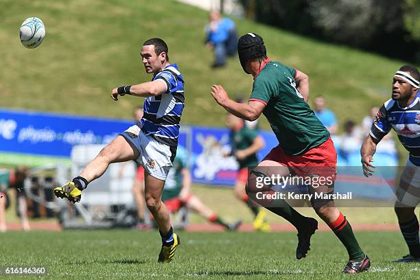 Lindsay Horrocks of Wanganui kicks during the Heartland Meads Cup match between Wanganui and Wairarapa Bush on October 22, 2016 in Wanganui, New...