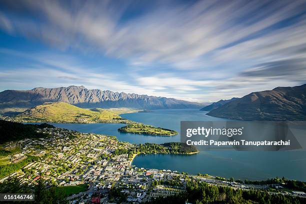 view of queenstown at gondola - queenstown stock pictures, royalty-free photos & images