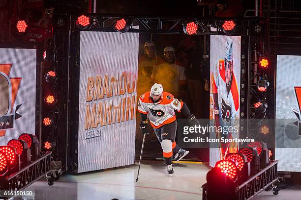 Philadelphia Flyers defenseman Brandon Manning gets introduces and enters the rink before the NHL game between the Anaheim Ducks and the Philadelphia...