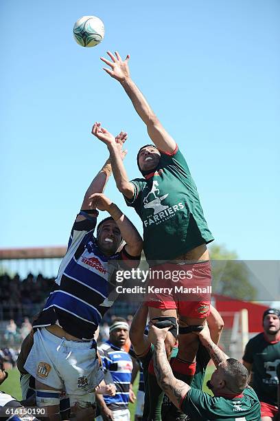 James Goodger of Wairarapa Bush goes high in a linout during the Heartland Meads Cup match between Wanganui and Wairarapa Bush on October 22, 2016 in...