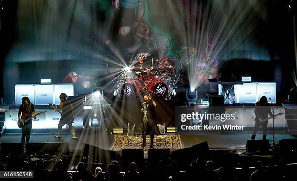 Brian 'Head' Welch, Reginald 'Fieldy' Arvizu, Jonathan Davis, Ray Luzier, and James 'Munky' Shaffer of Korn perform onstage at a private concert for...