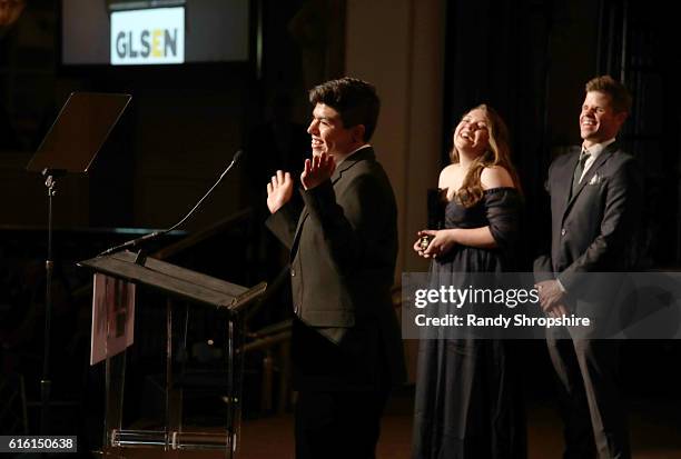 Student Advocate of the Year Edward Estrada, student ambassador Madison Miszewski and actor Charlie Carver speak onstage during the 2016 GLSEN...