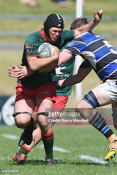Sam Gammie of Wairarapa Bush is tackled by Gavin Thornbury of Wanganui during the Heartland Meads Cup match between Wanganui and Wairarapa Bush on...
