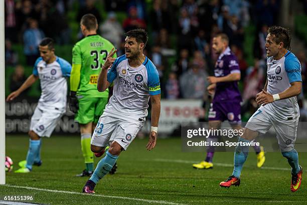 Bruno Fornaroli of Melbourne City celebrates his successful conversion from the spot during the 3rd Round of the 2016-17 A-League Season between...