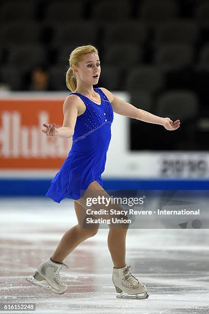 Serafima Sakhanovich of Russia performs during the Ladies Short Program on day 1 of the Grand Prix of Figure Skating at the Sears Centre Arena on...