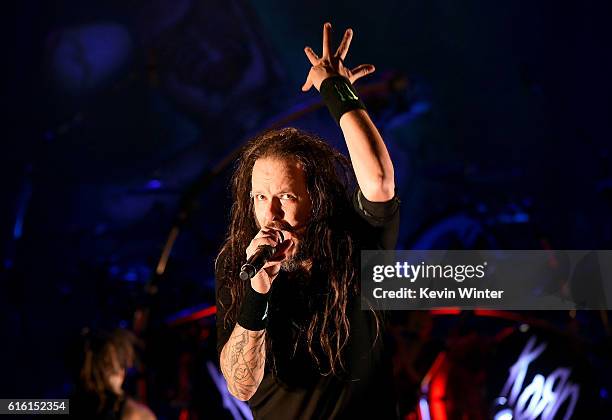 Jonathan Davis of Korn performs onstage at a private concert for SiriusXM at The Theatre at Ace Hotel on October 21, 2016 in Los Angeles, California....