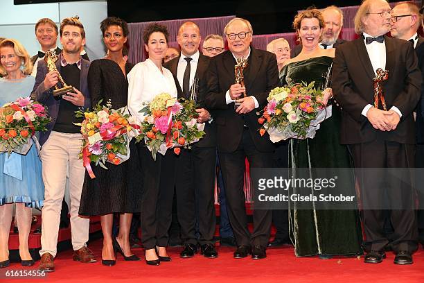 Simon Pilarski, Dennenesch Zoude, Dunja Hayali, Heino Ferch, Klaus Maria Brandauer and Margarita Broich during the Hessian Film and Cinema Award at...