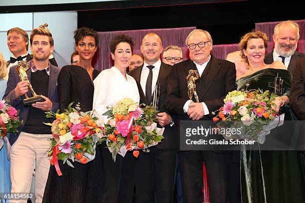 Simon Pilarski, Dennenesch Zoude, Dunja Hayali, Heino Ferch, Klaus Maria Brandauer and Margarita Broich during the Hessian Film and Cinema Award at...