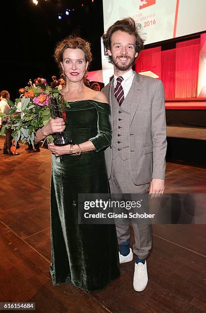 Margarita Broich with her award for best female actress and her son Hans Broich during the Hessian Film and Cinema Award at Alte Oper on October 21,...