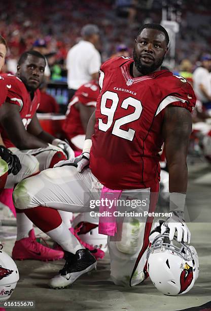 Defensive end Frostee Rucker of the Arizona Cardinals on the sidelines during the NFL game against the New York Jets at the University of Phoenix...