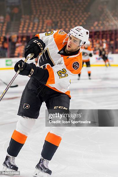 Philadelphia Flyers defenseman Brandon Manning warms up before the NHL game between the Anaheim Ducks and the Philadelphia Flyers played at the Wells...