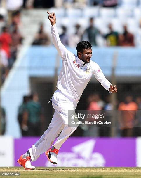 Shakib Al Hasan of Bangladesh celebrates dismissing Ben Duckett of England during the 3rd day of the 1st Test match between Bangladesh and England at...