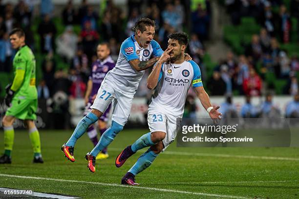 Bruno Fornaroli of Melbourne City is joined by Fernando Brandan of Melbourne City in his celebration of his successful conversion from the spot...