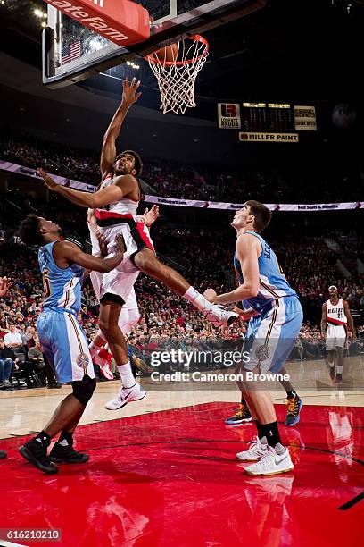 Grant Jerrett of the Portland Trail Blazers shoots the ball against the Denver Nuggets on October 16, 2016 at the Moda Center Arena in Portland,...