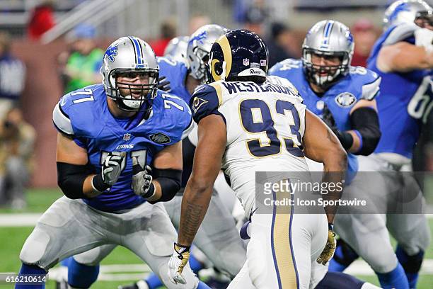 Detroit Lions tackle Riley Reiff blocks Los Angeles Rams defensive tackle Ethan Westbrooks during game action between the Los Angeles Rams and the...