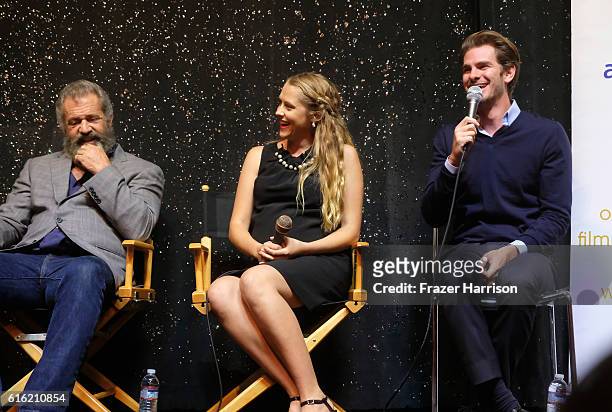 Director Mel Gibson, Teresa Palmer and Andrew Garfield attend Australians In Film Presents "Hacksaw Ridge" Screening and Q&A With Mel Gibson at Ahrya...