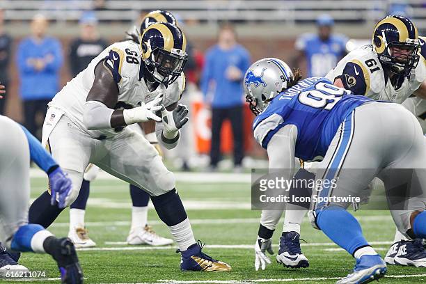 Los Angeles Rams guard Jamon Brown blocks during game action between the Los Angeles Rams and the Detroit Lions during a regular season game played...