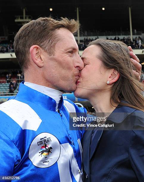 Hugh Bowman is congratulated by his wife Christine Bowman after riding Winx to win Race 9, William Hill Cox Plate during Cox Plate Day at Moonee...