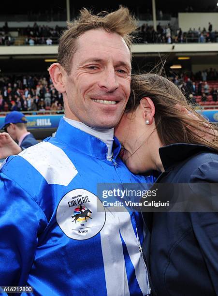 Hugh Bowman is congratulated by his wife Christine Bowman after riding Winx to win Race 9, William Hill Cox Plate during Cox Plate Day at Moonee...