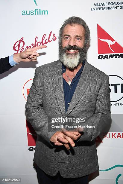 Director Mel Gibson attends Australians In Film Presents "Hacksaw Ridge" Screening and Q&A with cast members at Ahrya Fine Arts Movie Theater on...