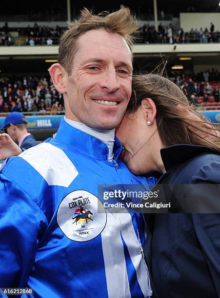 Hugh Bowman is congratulated by his wife Christine Bowman after riding Winx to win Race 9, William Hill Cox Plate during Cox Plate Day at Moonee...