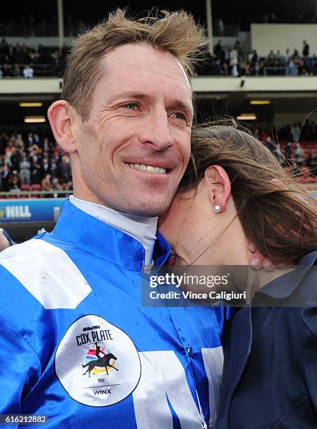 Hugh Bowman is congratulated by his wife Christine Bowman after riding Winx to win Race 9, William Hill Cox Plate during Cox Plate Day at Moonee...