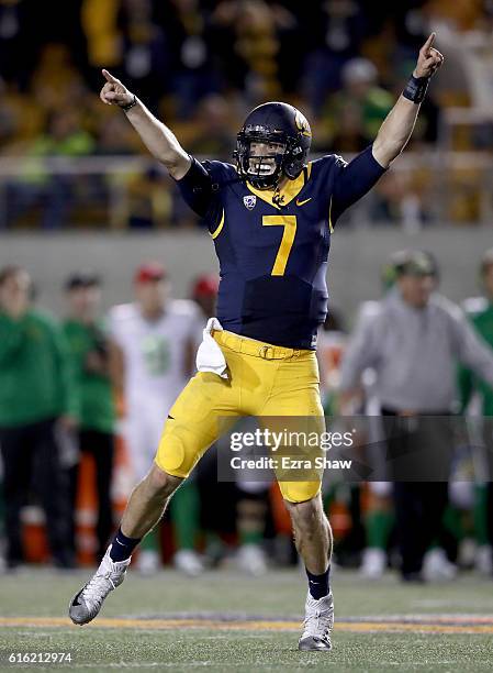 Davis Webb of the California Golden Bears celebrates after the Bears converted a two-point conversion against the Oregon Ducks at California Memorial...