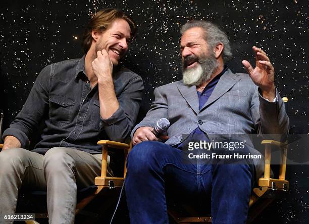 Actor Luke Bracey and director Mel Gibson attend Australians In Film Presents "Hacksaw Ridge" Screening and Q&A at Ahrya Fine Arts Movie Theater on...