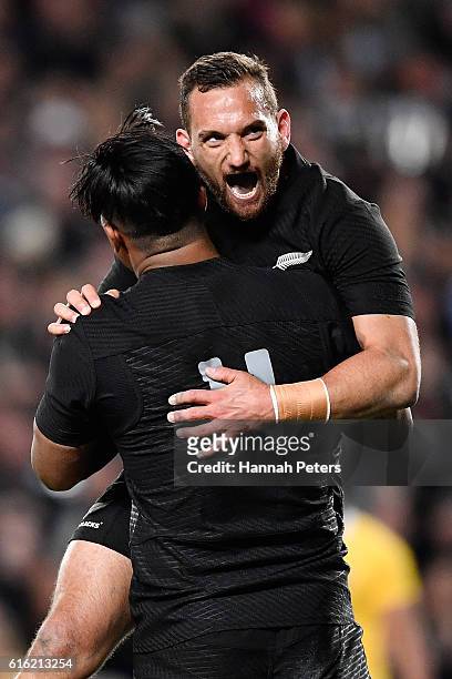 Julian Savea of the All Blacks celebrates a try with Aaron Cruden of the All Blacks during the Bledisloe Cup Rugby Championship match between the New...