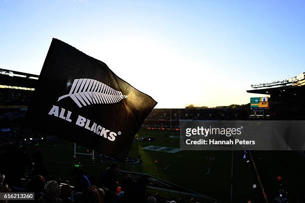 An All Blacks flag waves during the Bledisloe Cup Rugby Championship match between the New Zealand All Blacks and the Australia Wallabies at Eden...