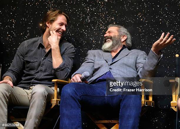 Actor Luke Bracey and director Mel Gibson attend Australians In Film Presents "Hacksaw Ridge" Screening and Q&A at Ahrya Fine Arts Movie Theater on...