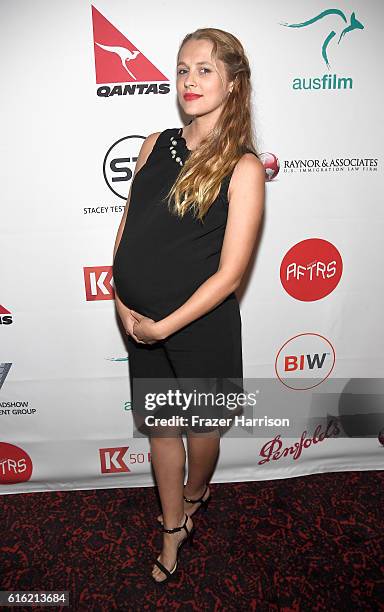 Actress Teresa Palmer attends Australians In Film Presents "Hacksaw Ridge" Screening and Q&A With Mel Gibson at Ahrya Fine Arts Movie Theater on...