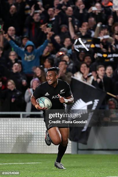 Julian Savea of the All Blacks scores another try during the Bledisloe Cup Rugby Championship match between the New Zealand All Blacks and the...