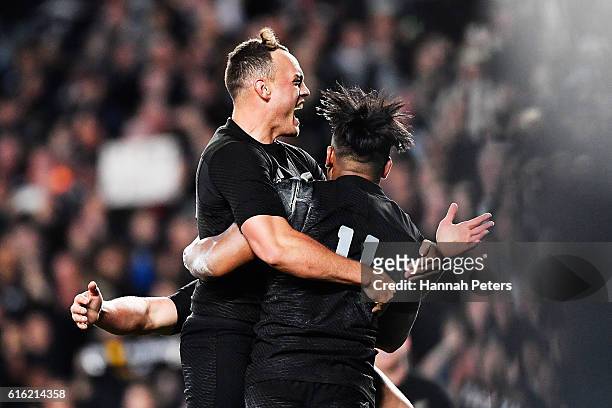 Julian Savea of the All Blacks celebrates after scoring his second try with Israel Dagg of the All Blacks during the Bledisloe Cup Rugby Championship...
