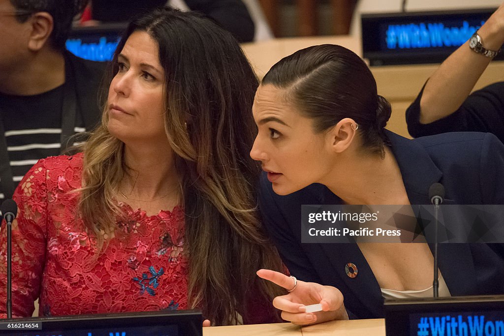 Actress Gal Gadot (R) is seen at the ceremony. An event was...