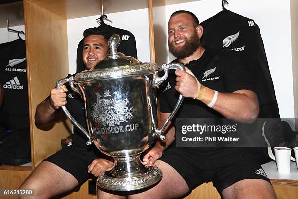 Codi Taylor and Joe Moody of the All Blacks inside the dressing room during the Bledisloe Cup Rugby Championship match between the New Zealand All...