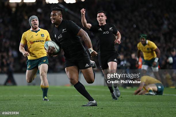 Julian Savea of the All Blacks is runs in for a try during the Bledisloe Cup Rugby Championship match between the New Zealand All Blacks and the...