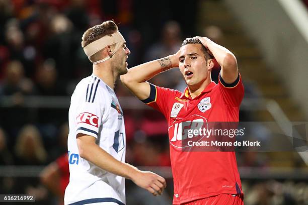 Sergio Guardiola of Adelaide United reacts after missing a shot at goal during the round three A-League match between Adelaide United and Melbourne...
