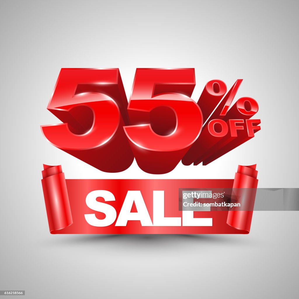 55 percent off sale red ribbon banner roll 3D style.