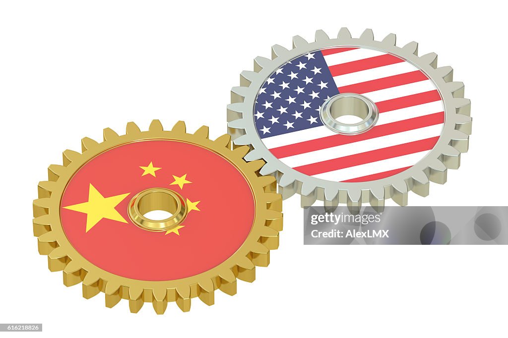 China and United States relations concept, flags on a gears