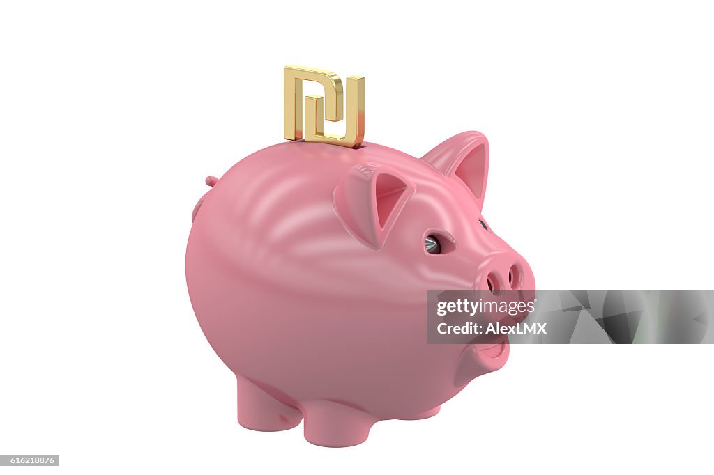 Sparschwein mit Symbol Schekel, 3D-Rendering