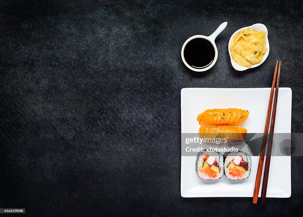 Sushi with Gari and Soy Sauce on Copy Space Area