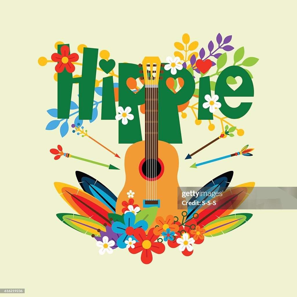 Hippie-Illustration mit Gitarre und Blumen