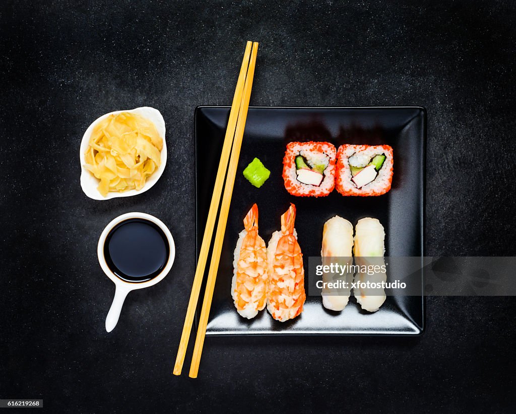 Sushi with Nigiri and Soy Sauce with Ginger