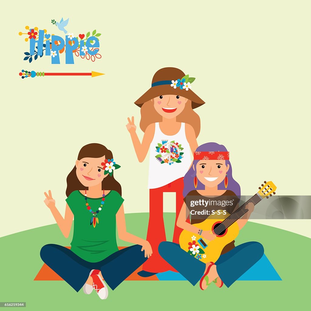 3人のヒッピーの女の子とギター