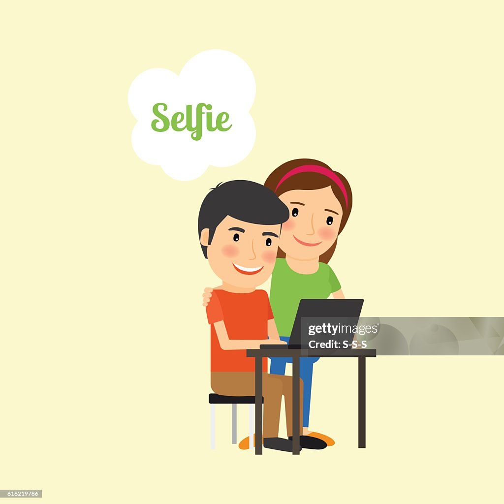 Cartoon couple taking selfie