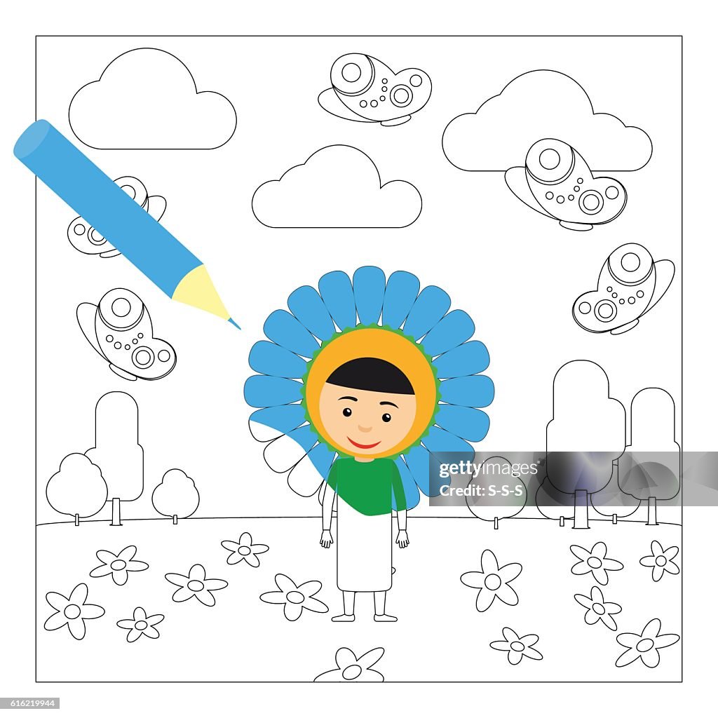 Kid in flower dress coloring page