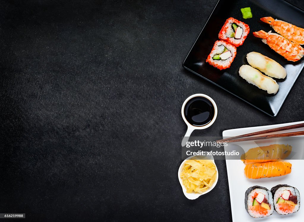 Sushi with Sashimi and Soy Sauce on Copy Space Area