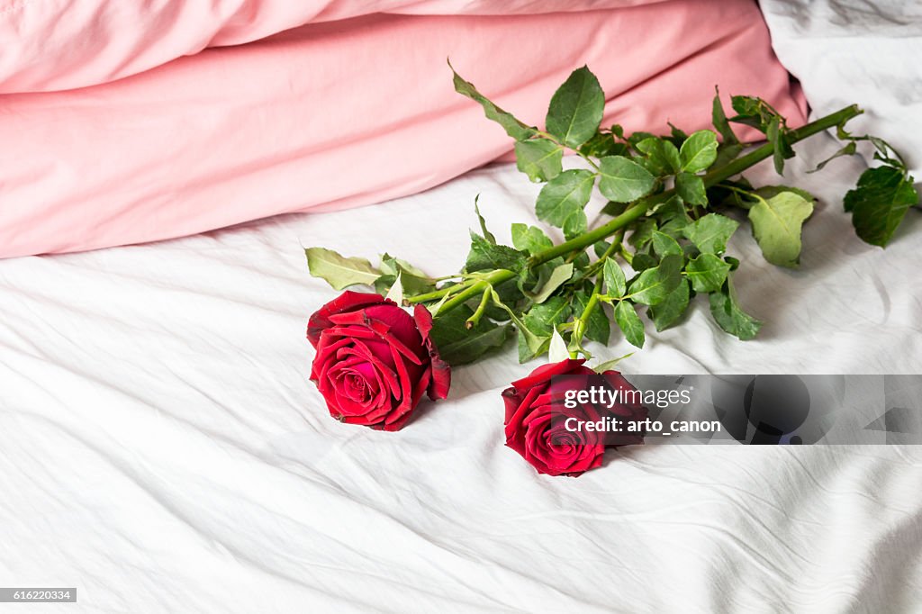 Romantic getaway with red roses on bed